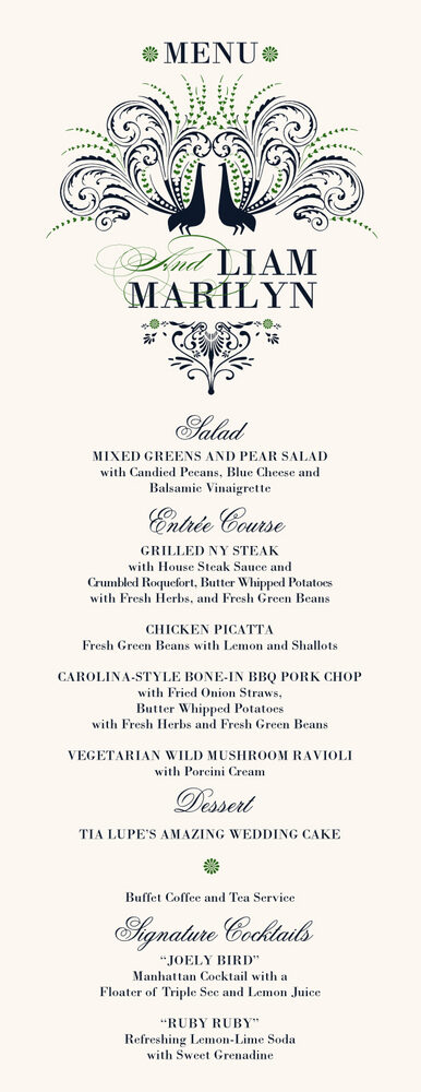 Passionate Peacock  Wedding Menus