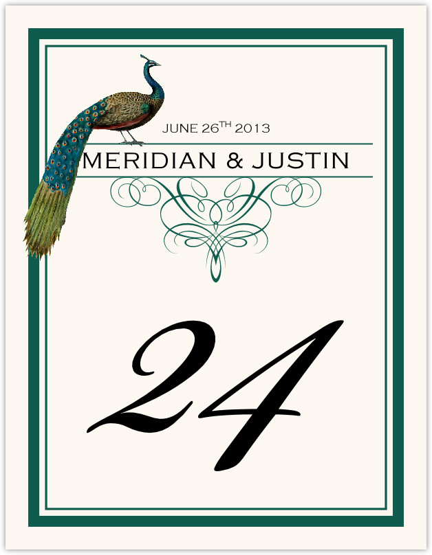 Peacock Flourish Monogram  Table Numbers