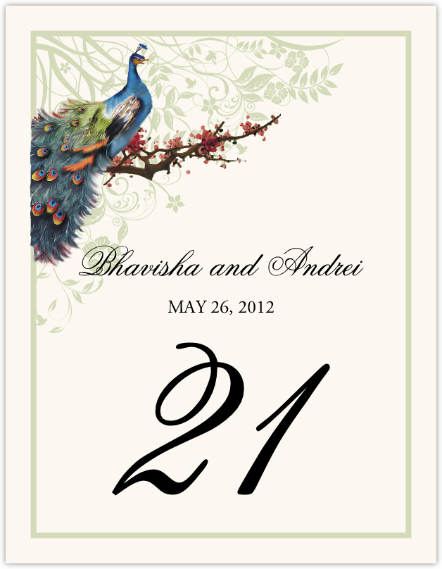 Peacock in a Plum Tree Flourish  Table Numbers