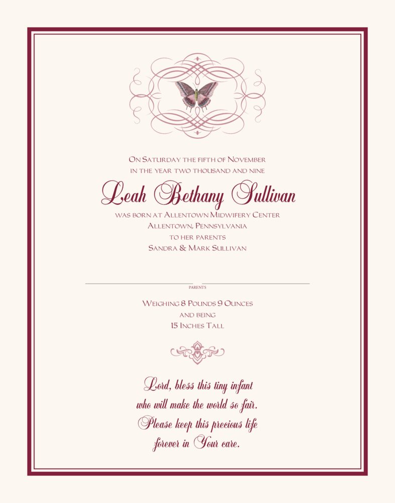 Pink Butterfly Flourish  Baby Certificates
