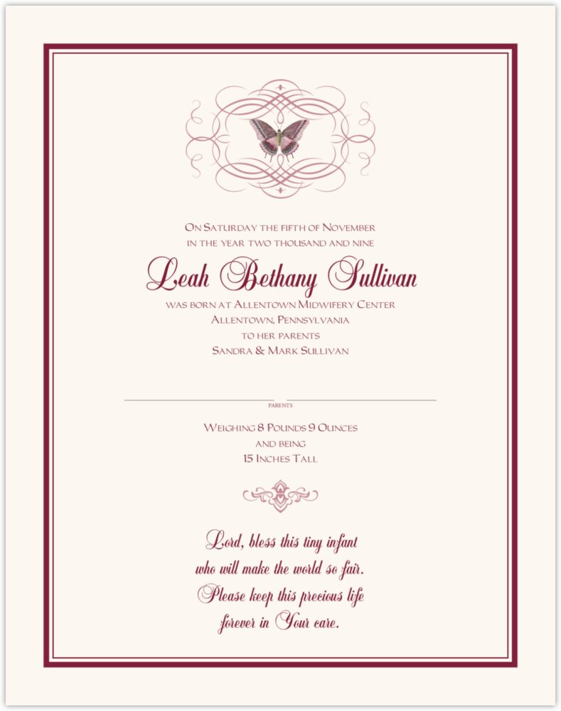 Pink Butterfly Flourish  Baby Certificates