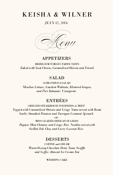 Poem Script Monogram  Wedding Menus