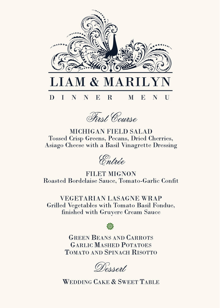 Pompous Peacock  Wedding Menus