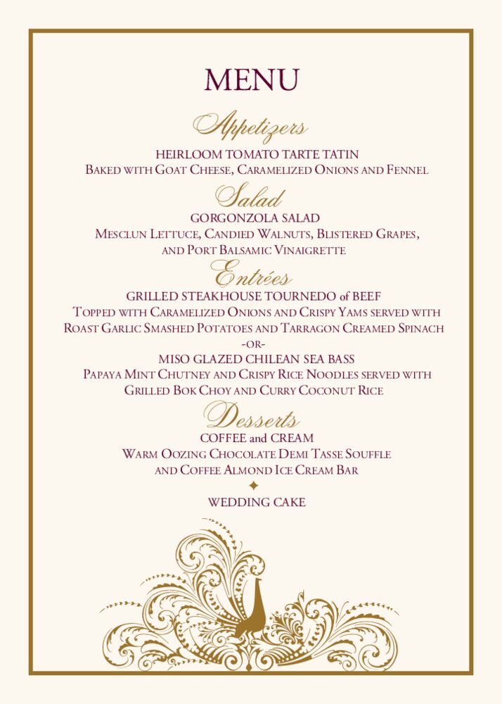 Pompous Peacock  Wedding Menus