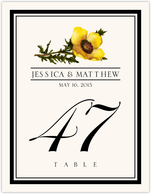 Assorted Flowers and Monogram  Table Numbers