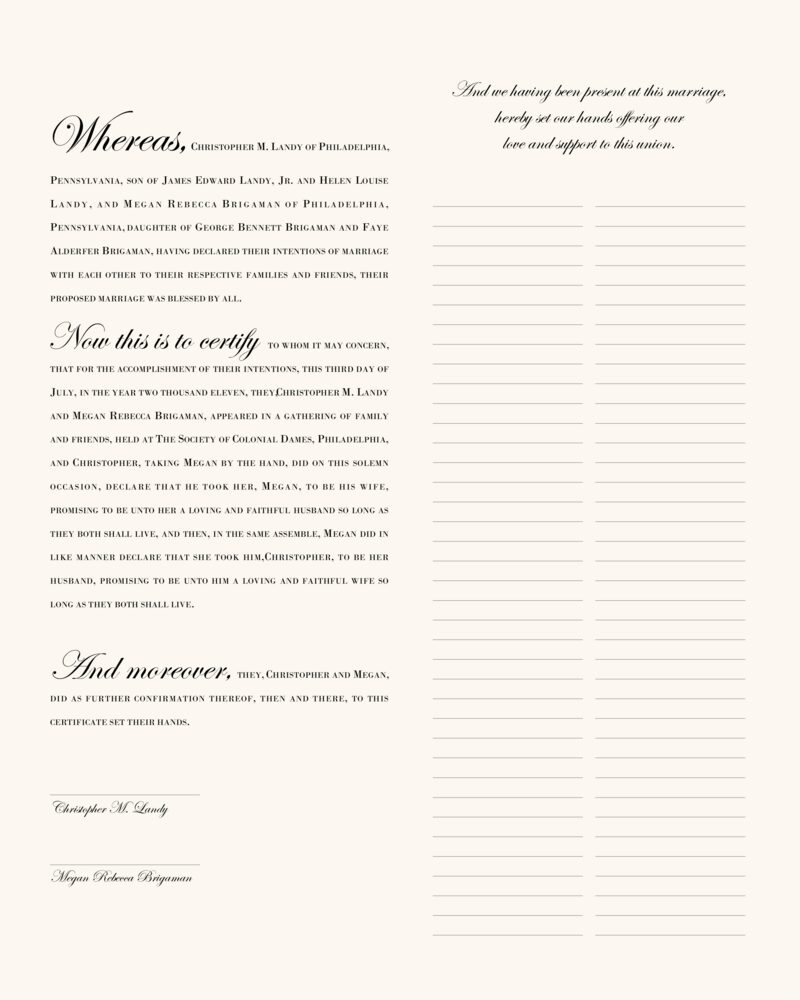 Quaker Justified Left  Wedding Certificates