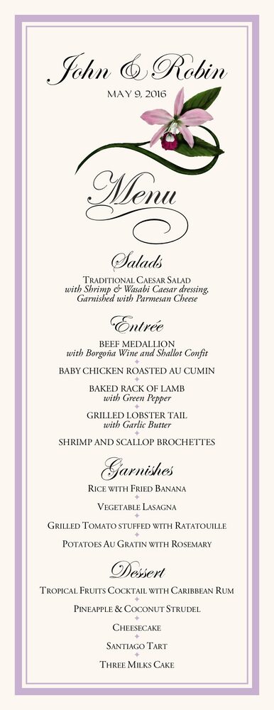 Orchid Swirl  Wedding Menus