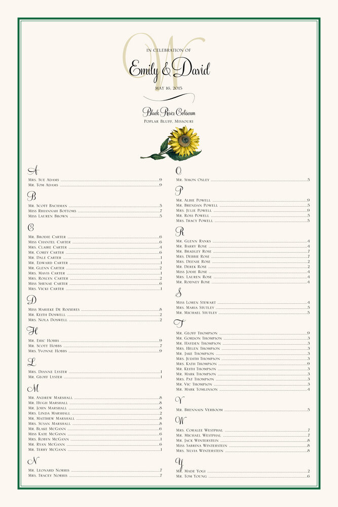 Sunflower  Seating Charts