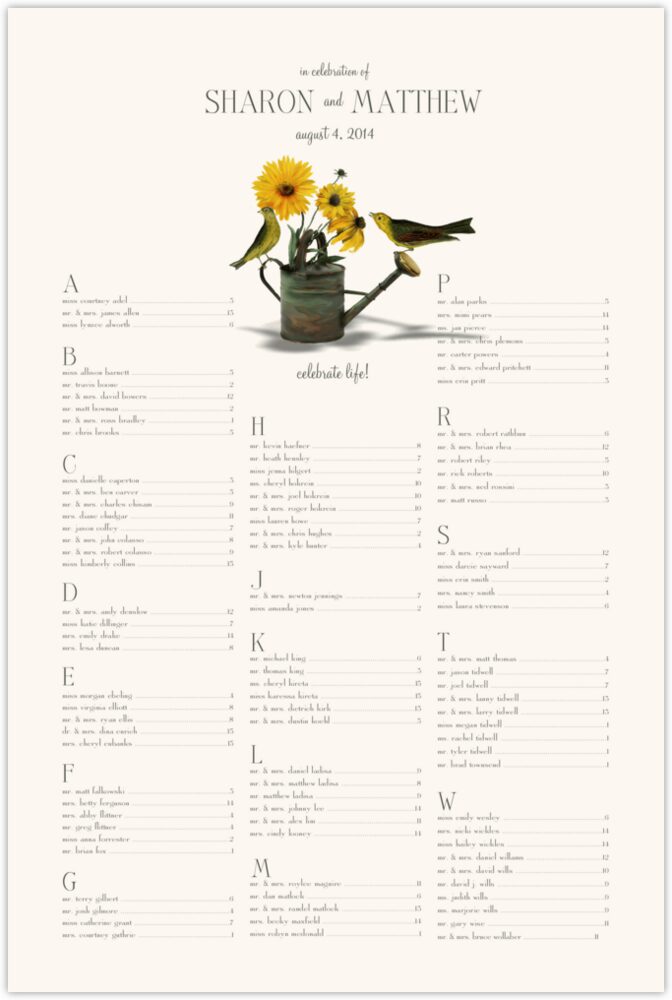 Sunflowers, Watering Can & Yellow Birds  Seating Charts