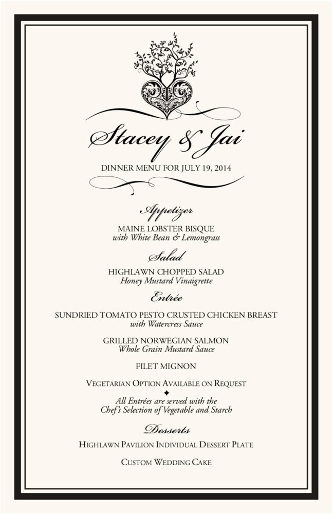 Tree of Life Heart  Wedding Menus