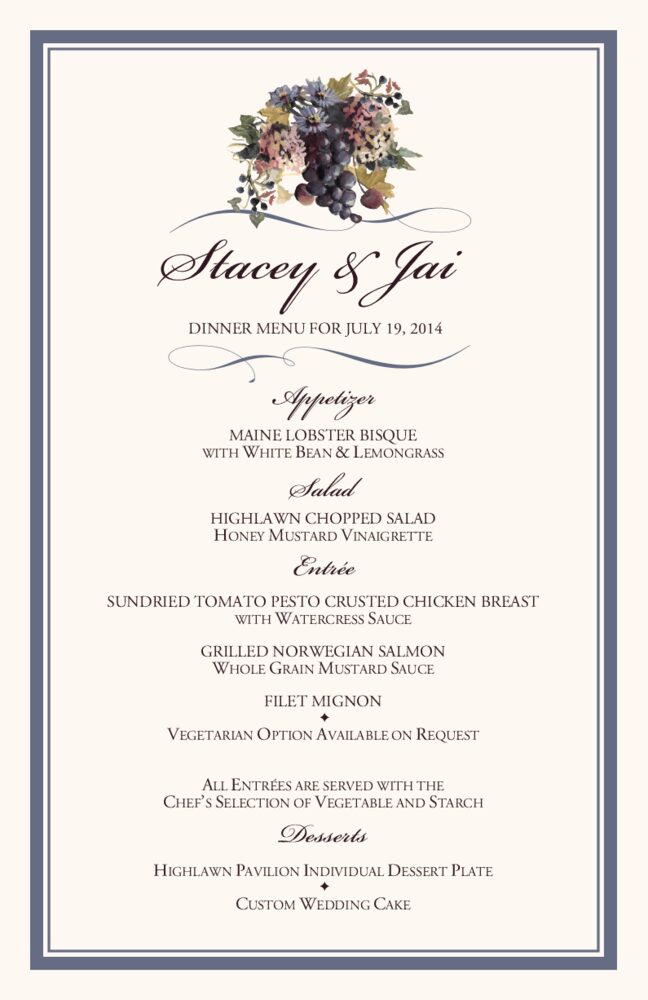 Blue Grapes and Chicory  Wedding Menus