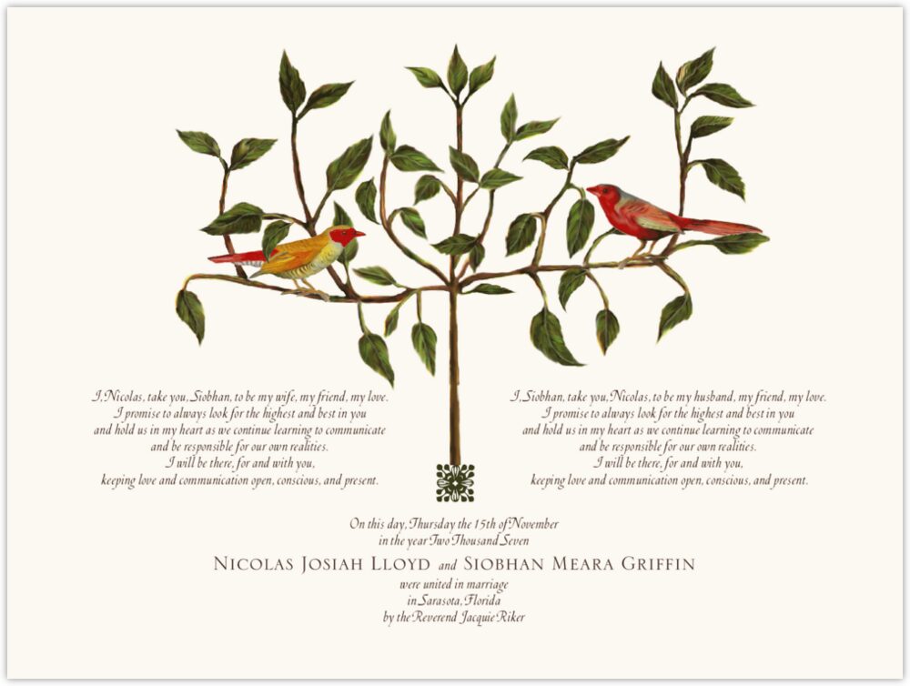 Two Red Birds on a Tree  Wedding Certificates