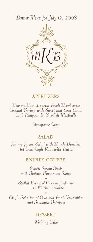 Carmine Tango Monogram  Wedding Menus