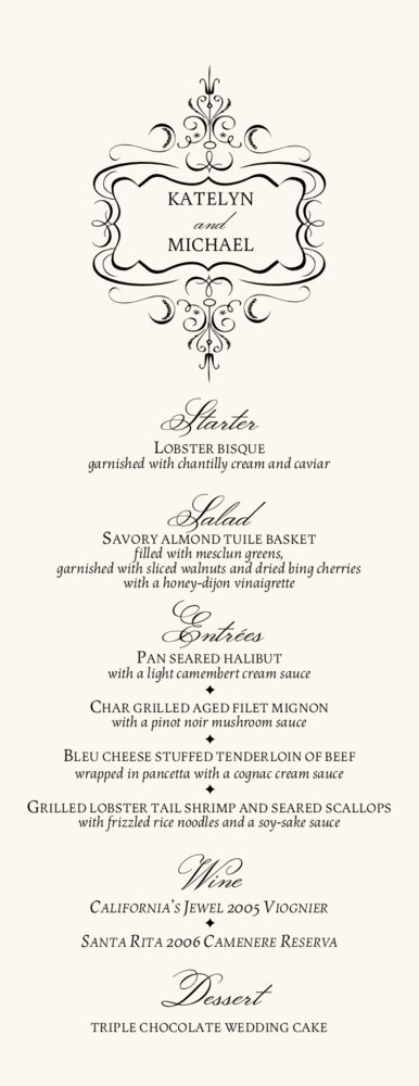 Monsieur Victorian Frame  Wedding Menus