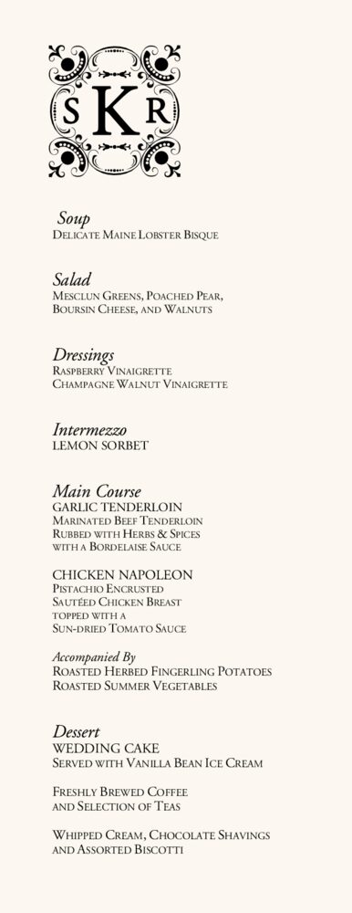 Your Highness  Wedding Menus
