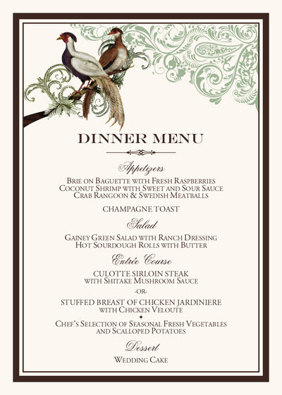 Asian Peace Birds Wedding Reception Menu Cards And Custom Menus