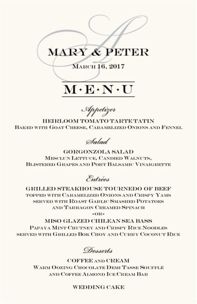 Bickham Watermark Monogram Wedding Reception Menu Cards And Custom