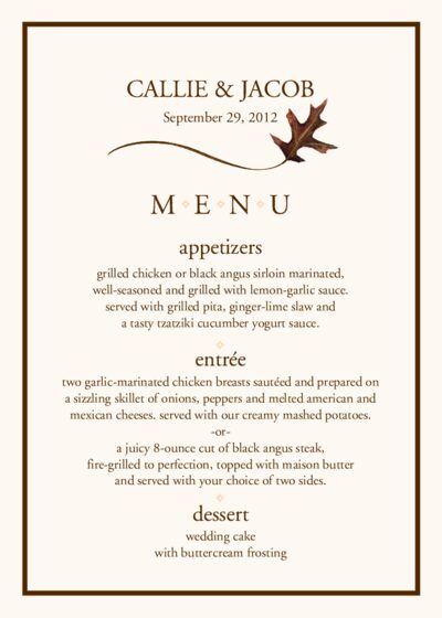 Fall Wedding Menu Cards Menu Card Custom Design For Wedding