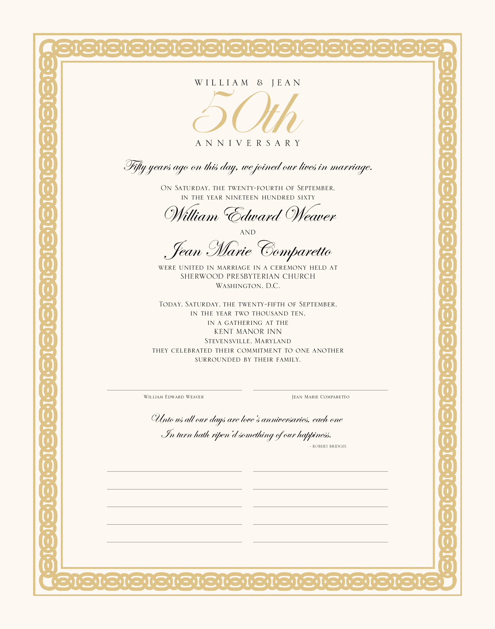 50 Wedding  Anniversary  Certificate Golden Anniversary  