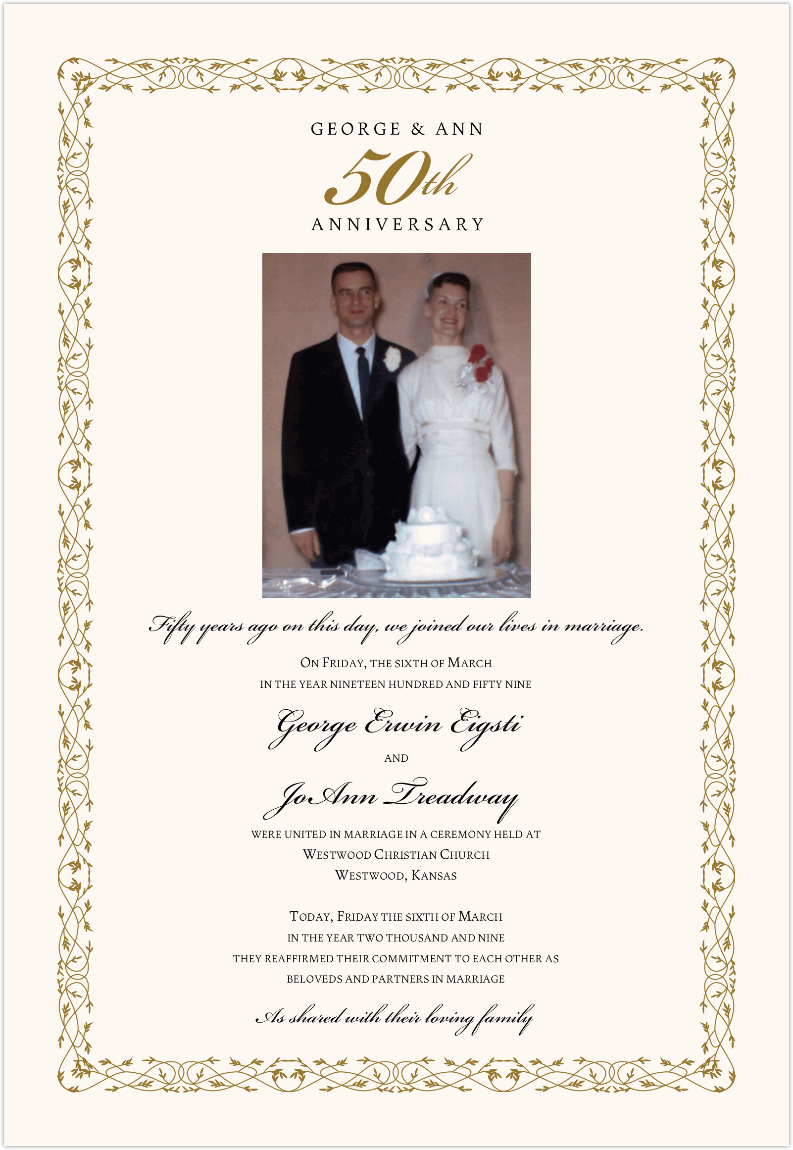 50th Wedding Anniversary Certificate Renewal of VowsMarriage