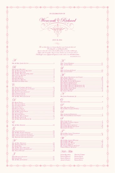 A Kiss Goodnight Contemporary and Classic Wedding Seating Charts
