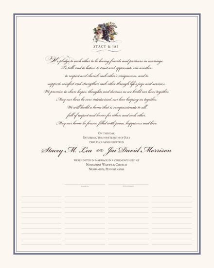 Blue Grapes and Chicory Leaves, Flowers, Vineyard & Grapes Wedding Certificates