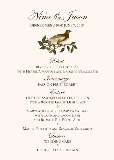 Brown Birds Birds and Butterflies Wedding Menus