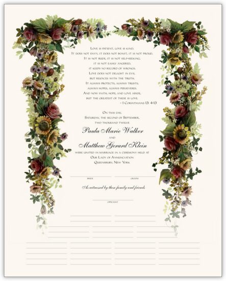 Burgundy Roses and Sunflowers Flower Wedding Certificates