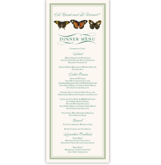 Butterfly Ballet Birds and Butterflies Wedding Menus