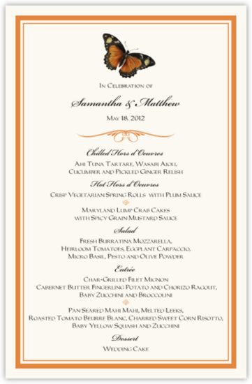 Butterfly Wishes Birds and Butterflies Wedding Menus