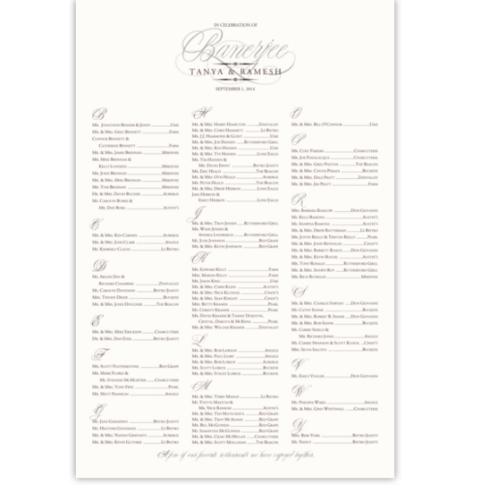 Cafe Antrim Contemporary and Classic Wedding Seating Charts
