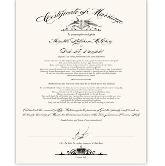 Italian Contemporary and Classic Wedding Certificates