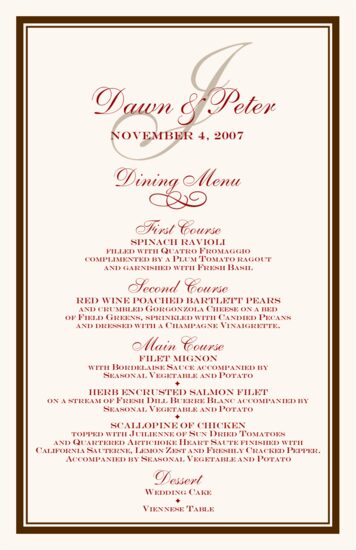 Bracha Contemporary and Classic Menus