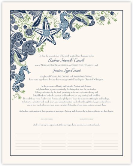 Paisley Ocean Beach and Seashell Wedding Certificates