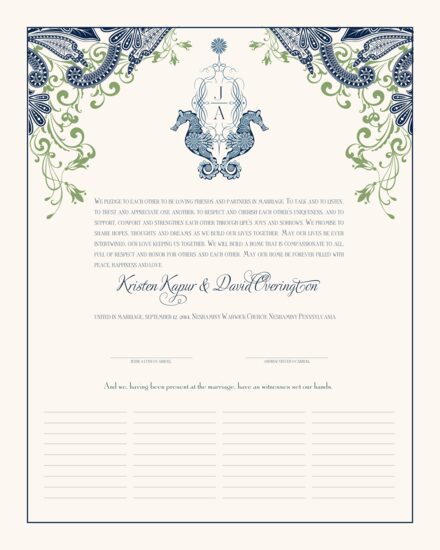 Paisley Seahorse Monogram Beach and Seashell Wedding Certificates