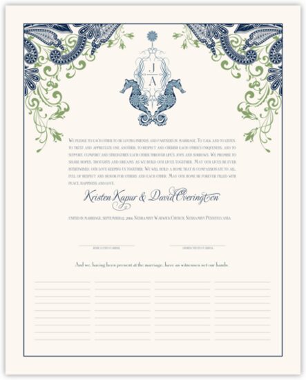 Paisley Seahorse Monogram Beach and Seashell Wedding Certificates