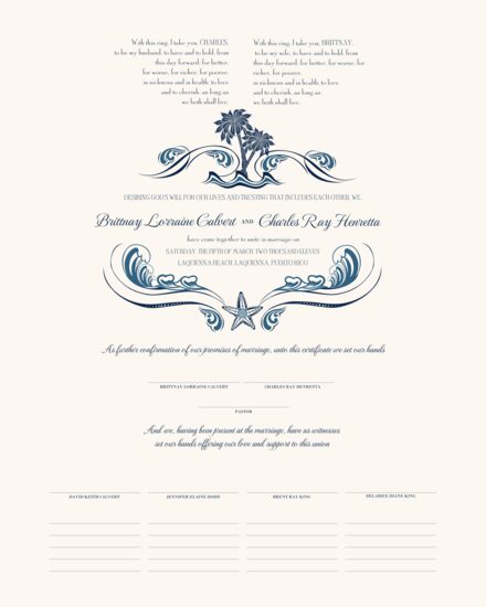 Paisley Palm Tree Beach and Seashell Wedding Certificates