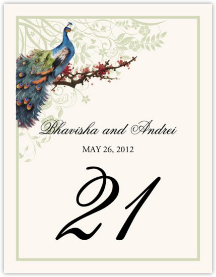 Peacock in a Plum Tree Flourish Birds and Butterflies Table Numbers