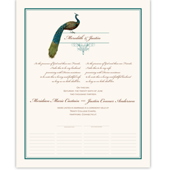 Peacock Flourish Birds and Butterflies Wedding Certificates