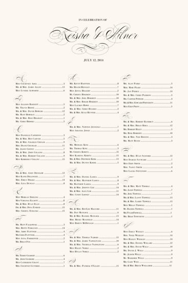 Poem Script Monogram Contemporary and Classic Wedding Seating Charts