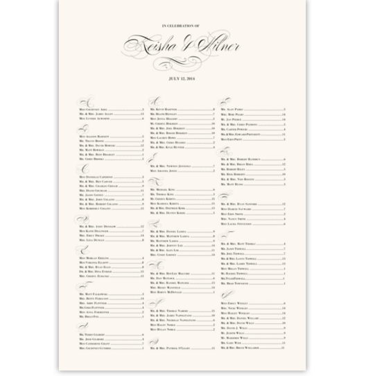 Poem Script Monogram Contemporary and Classic Wedding Seating Charts
