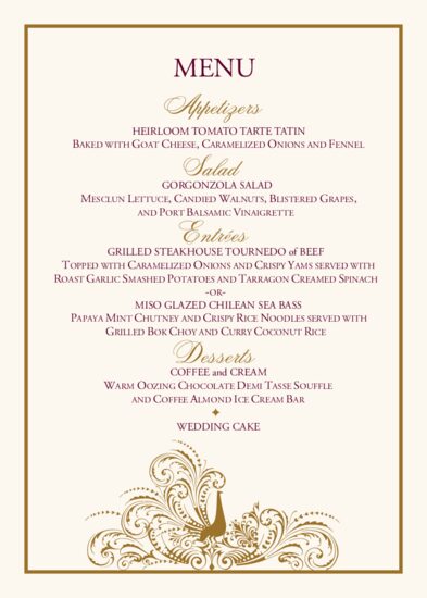 Pompous Peacock Birds and Butterflies Wedding Menus