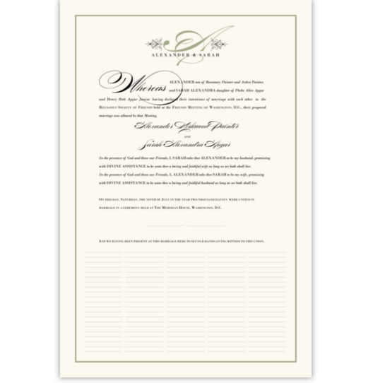 Quaker Justified Contemporary and Classic Wedding Certificates