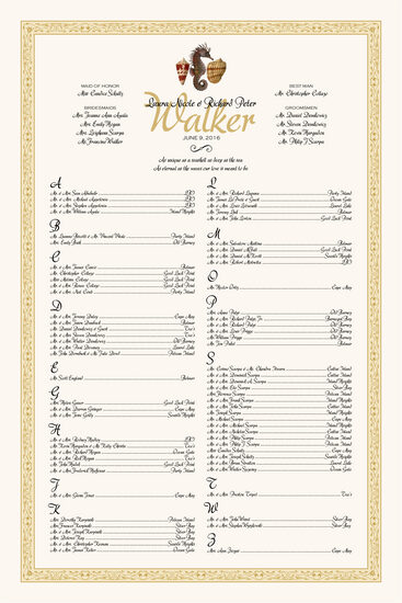 Seahorse Pattern Beach and Seashell Wedding Seating Charts