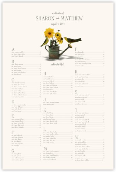 Sunflowers, Watering Can & Yellow Birds Birds and Butterflies Seating Charts