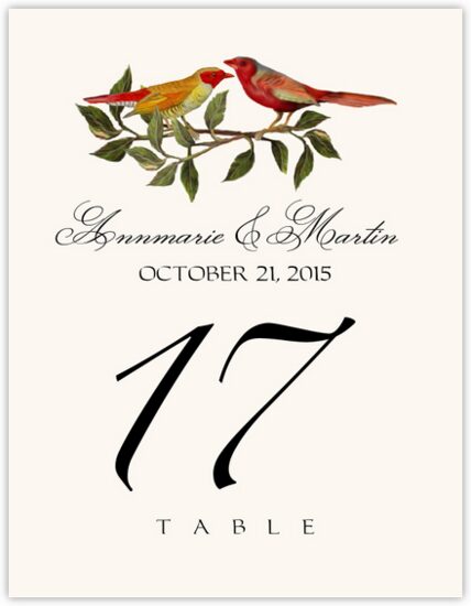 Two Red Birds Birds and Butterflies Table Numbers