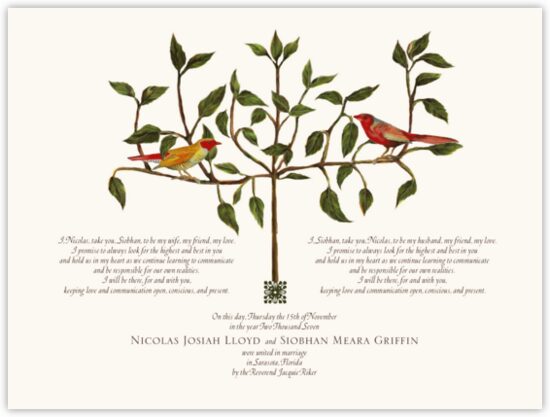 Two Red Birds on a Tree Birds and Butterflies Wedding Certificates