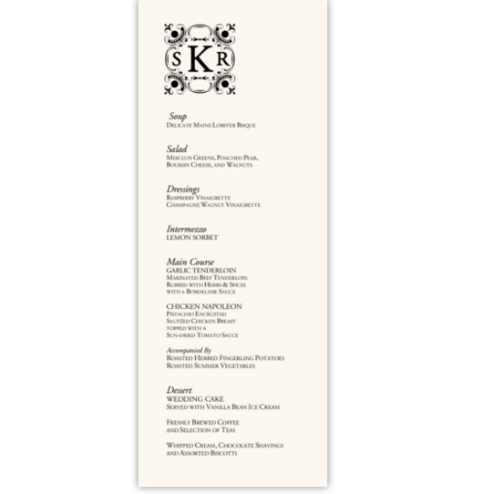 Your Highness Contemporary and Classic Menus