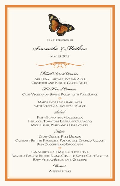 Birds And Butterfly Custom Wedding Reception Menu Cards
