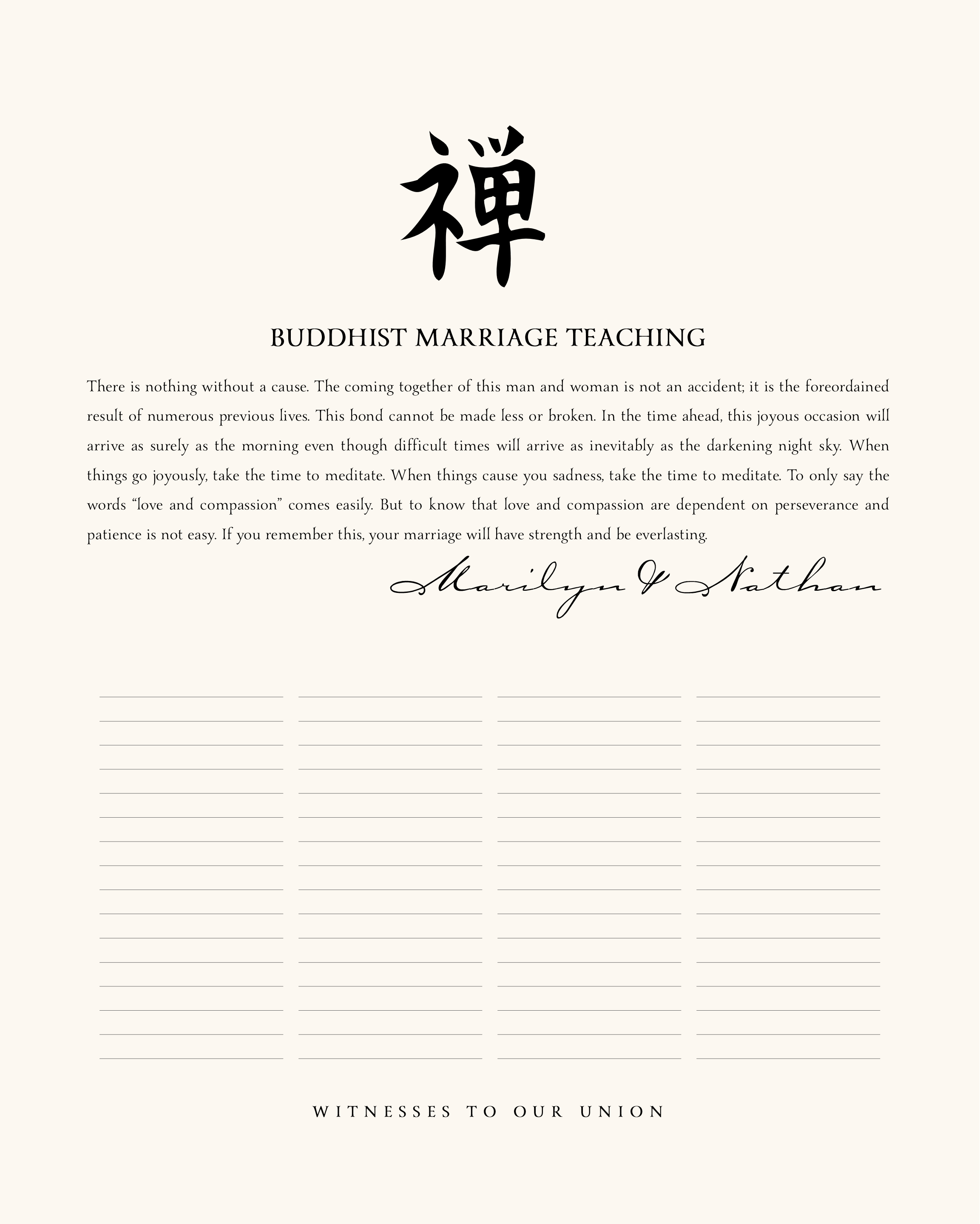Buddhist Marriage Teaching Zen Calligraphy Wedding Certificate